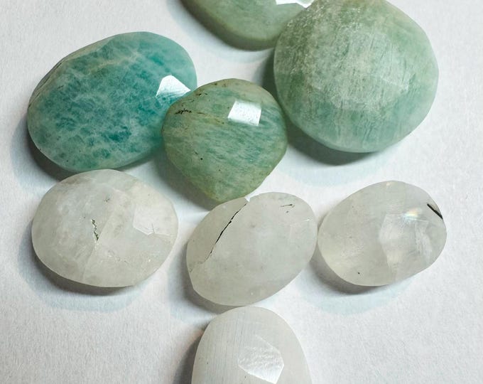 LOT: Earth Mined Moonstone & Amazonite. Varied Size. Double Side Checker Cut. Earth Mined Loose Cabochon for Jewelry Making. 50 Carats.
