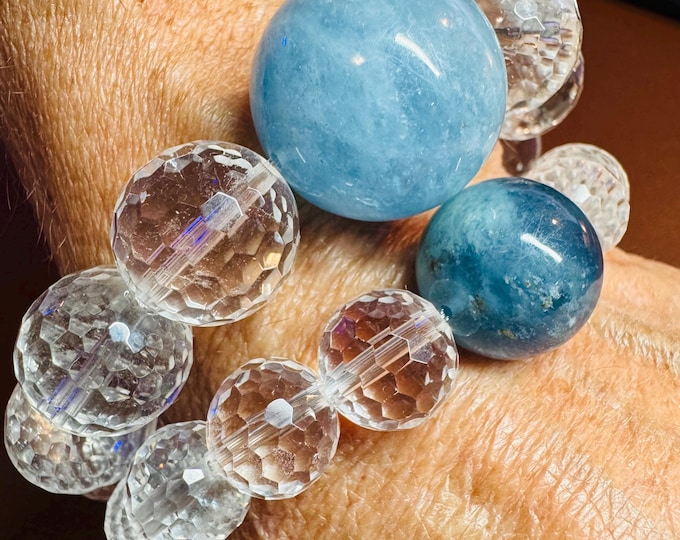 His & Hers Matching Gemstone Bracelets. Aquamarine and Quartz. Earth Mined. Untreated. Bold Bracelets. Wedding Gift. Santa Maria Aquamarine