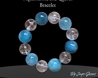 Bold Aquamarine and Quartz Bracelet. Untreated Large Stone Bracelet. Earth Mined. Created in Canada. Luxury Beaded Bracelet. Blue and Clear