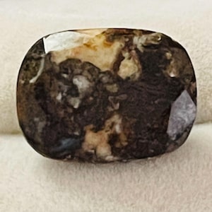 May include: A polished, oval-shaped gemstone with a mix of dark brown, tan, and white colors. The stone has a smooth, glossy surface and appears to be set against a soft, off-white background. The gemstone's unique pattern and color variations are visible.