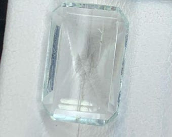 Discounted: 3.45 Carat Natural Aquamarine. Faceted Rectangle Cut Loose Gemstone for Making Pendants. Internal Crack. 12 x 8 x 3 mm.
