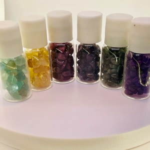 Tiny Collector Bottles of Mini Tumbled Natural Gemstones Approx 30 Carats per Mini Jar. Add to your Crystal Collection or For Gifts.