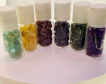 Tiny Collector Bottles of Mini Tumbled Natural Gemstones Approx 30 Carats per Mini Jar. Add to your Crystal Collection or For Gifts.