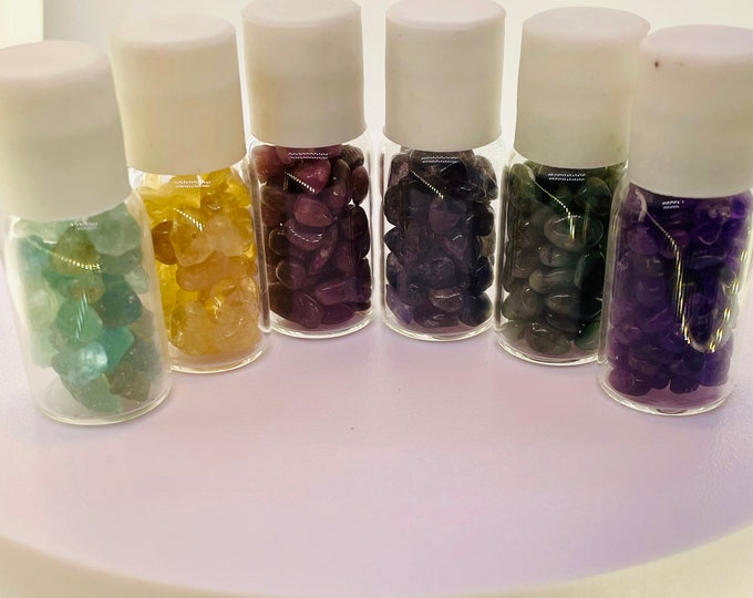 Tiny Collector Bottles of Mini Tumbled Natural Gemstones Approx 30 Carats per Mini Jar. Add to your Crystal Collection or For Gifts.