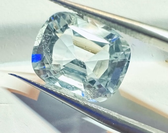 5.95 Carat Natural Light Blue Aquamarine. Faceted Cushion Cut Loose Gemstone. Birthstone. 12.5 x 10 x 7.6 mm. Genuine Mined. VS. Untreated