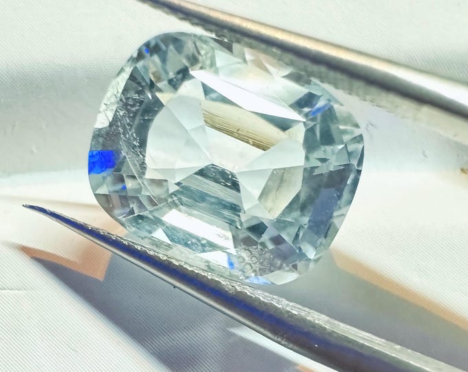 5.95 Carat Natural Light Blue Aquamarine. Faceted Cushion Cut Loose Gemstone. Birthstone. 12.5 x 10 x 7.6 mm. Genuine Mined. VS. Untreated