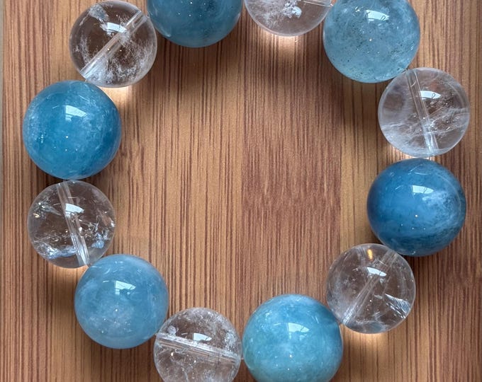 Bold Aquamarine and Quartz Bracelet. Untreated Large Stone Bracelet. Earth Mined. Created in Canada. Luxury Beaded Bracelet. Blue and Clear