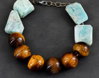 324.00 Carats Amazonite & Tiger Eye Beads. Large Beads 16 x 24 mm Beads. Gemstones. Healing Stones. Untreated. Blue and Brown.