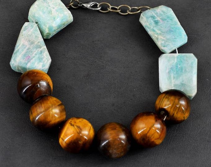 324.00 Carats Amazonite & Tiger Eye Beads. Large Beads 16 x 24 mm Beads. Gemstones. Healing Stones. Untreated. Blue and Brown.