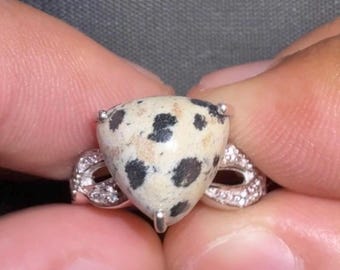 4.74 Gr Natural  Dalmatian Jasper 11.0 x 11.0 x 6.5 mm with White Zircon Shoulder Stones, Hallmarked 925 Sterling Silver TCW 24.80, Size 6.5