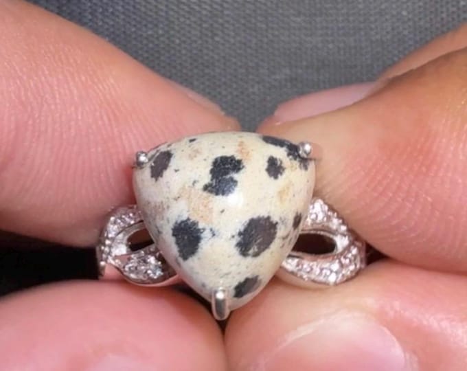 4.74 Gr Natural  Dalmatian Jasper 11.0 x 11.0 x 6.5 mm with White Zircon Shoulder Stones, Hallmarked 925 Sterling Silver TCW 24.80, Size 6.5
