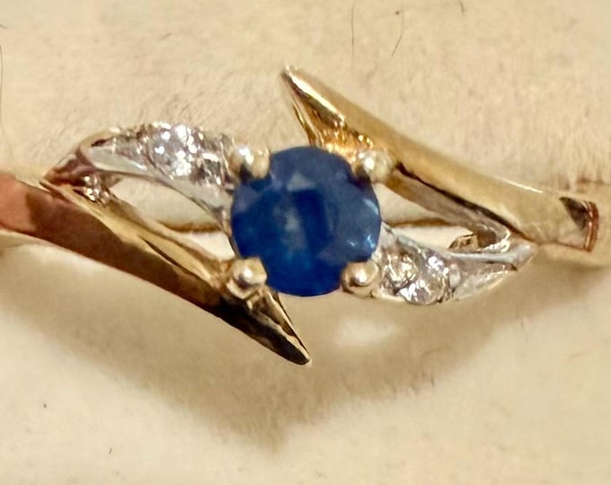 2.15 Gr Natural Royal Blue Sapphire 3.3 x 3.3 mm with White Zircon Hallmark 925 Sterling Silver With Yellow Gold Plating. Size 7, TCW 10.75
