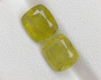 6.10 Carat Mali Garnet Pair. Yellow Olive Faceted Gemstones. No Treatment. 8.4 x 7.3 x 6 mm. Earth Mined. Cushion Cut. Included Grade