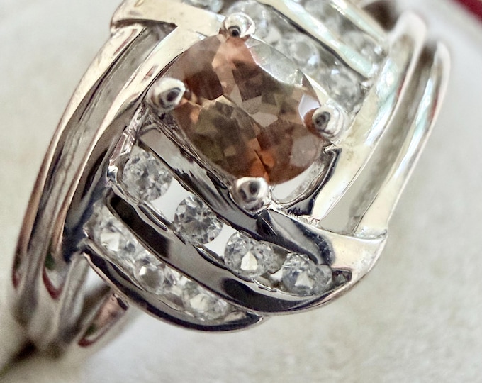 2.14 Gr Natural Orange Andalusite 3.90 x 3.00mm with White Zircon Shoulder Stones, Hallmarked 925 Sterling Silver TCW 10.75, Size 7, #1 Ring