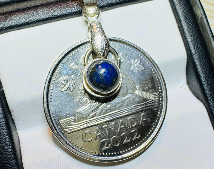 Canadian Coin and Lapis Lazuli. Real Coin Necklace. Coin Medallion. Gemstone Pendant. Earth Mined. Canadian Nickel. 2022. Birthstone Gift.