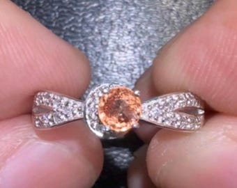 1.9 Gr Natural Fire Orange Spessartite 4.1 x 4.1 x 1.8 mm with White Zircon Shoulder Stones, Hallmarked 925 Sterling Silver TCW 9.55, Size 7