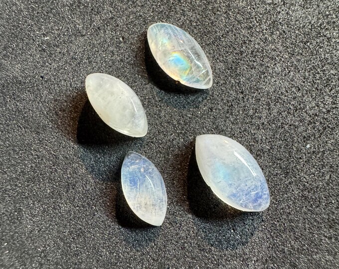 LOT: 4 Piece Earth Mined Moonstone. 10 x 5 x 3mm (Varies). Iridescent Blue Marquise Cabochons. Earth Mined  Loose Cabochon for Jewelry.