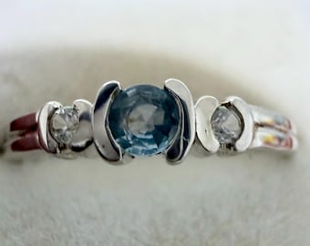 1.39 Gr Natural Violet Blue Iolite 3.0 x 3.0 mm with White Zircon Hallmark 925 Sterling Silver With White Gold Plating. Size 6.5, TCW 6.95