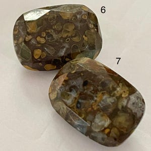 May include: Two faceted, rectangular gemstones with a mottled pattern of brown, tan, and green. The gemstones have a polished, glossy surface and are set against a light background. The gemstones are numbered 6 and 7.