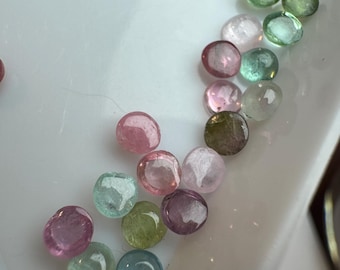 4mm Tourmaline Cabochons. 2 Piece. Green, Pink & Yellow. Round Shaped. Loose Gemstones for Making Jewelry. 4 x 4 x 3.8mm. SI Grade.