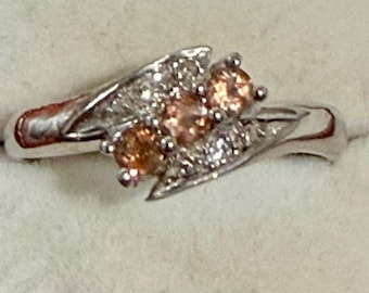 2.14 Gr Natural Orange Andalusite 2.2 x 2.2 mm with White Zircon Shoulder Stones, Hallmarked 925 Sterling Silver TCW 10.75, Size 6.5 #2 Ring