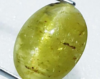 Genuine Mined 9.98 Ct Natural Apatite Yellow "Cats Eye". Oval Cabochon for Making Jewelry. 13.1 x 10.4 x 8.8 mm. Untreated. Birthstone.