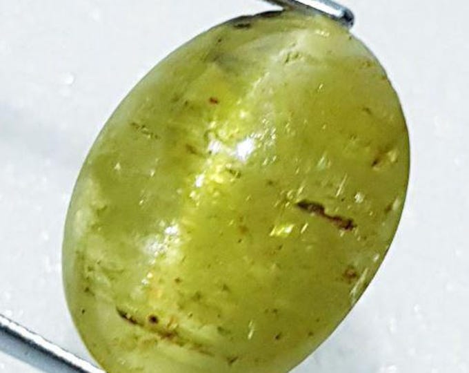 Genuine Mined 9.98 Ct Natural Apatite Yellow "Cats Eye". Oval Cabochon for Making Jewelry. 13.1 x 10.4 x 8.8 mm. Untreated. Birthstone.