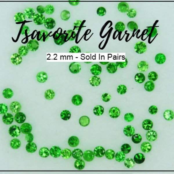 Pair of Tsavorite Garnets. Loose Gemstones for Jewelry. Faceted Rounds. Vivid Green. 2mm. VS. Untreated. Genuine Mined. Sold In Pairs.