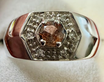 4.22 Gr Natural Orange Andalusite 3.5 x 3.5 mm with White Zircon Shoulder Stones, Hallmarked 925 Sterling Silver TCW 21.00, Size 7.