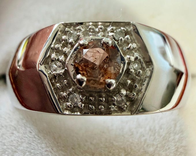 4.22 Gr Natural Orange Andalusite 3.5 x 3.5 mm with White Zircon Shoulder Stones, Hallmarked 925 Sterling Silver TCW 21.00, Size 7.
