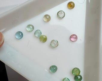 4mm Tourmaline Cabochons. 2 Piece. Green, Pink & Yellow. Round Shaped. Loose Gemstones for Making Jewelry. 4 x 4 x 3.8mm. SI Grade.