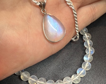 Genuine Moonstone Bracelet and Necklace Set. 6 mm Beads. Silver Rope Chain. Earth Mined Beads. Jewelry and Gift. Stretchable. Birthstone.
