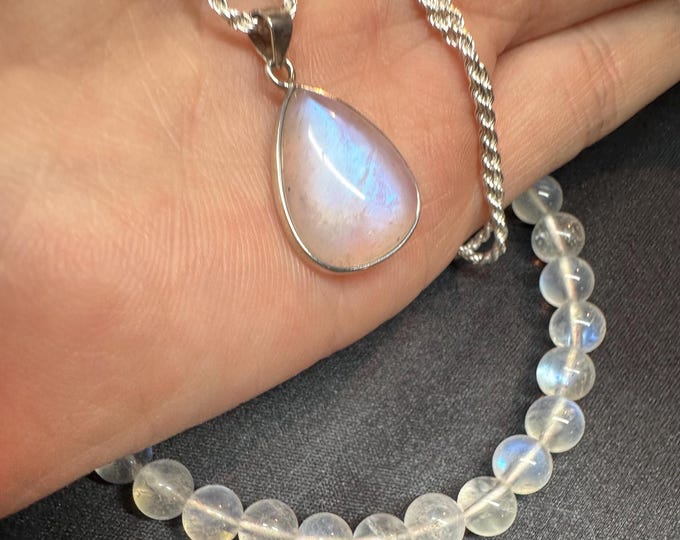Genuine Moonstone Bracelet and Necklace Set. 6 mm Beads. Silver Rope Chain. Earth Mined Beads. Jewelry and Gift. Stretchable. Birthstone.