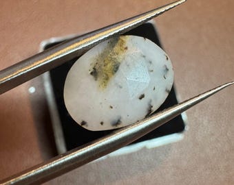 4.00 Carat Genuine Dendrite Opal. Faceted Checkered Cut. Loose Gemstones for Jewellery Making. 14 x 10.5mm. White Oval. Untreated.