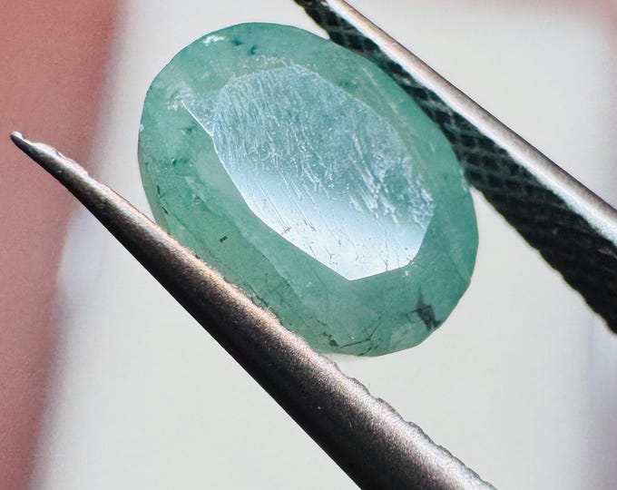 1.45 Carat Muted Natural Zambian Emerald. Light Green 7.6 x 5.6 x 4.2mm. Loose Gemstone for Jewelry Making and Gifts. Earth Mined. SI.