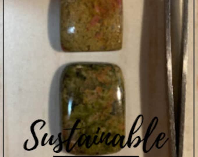 LOT: 2 Piece. Medium Genuine Blood Green Unakite Cabochons. Pocket Stones for Making Jewlery or Wire Wrapping. Pink and Green Cabochons.