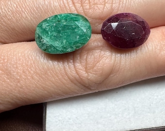 Genuine Ruby and Emerald Pair. Unmatched Green Emerald and Ruby. Rough-Faced. Low Grade. Earth Mined. 9 Carats Each.