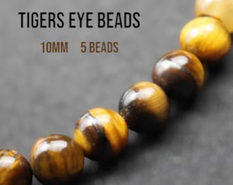 Tigers Eye Beads. 5 Beads. 10mm. Loose Beads for Jewelry. Gold and Black Gemstone Beads. Authentic Natural. Untreated. Jewelry Supplies.