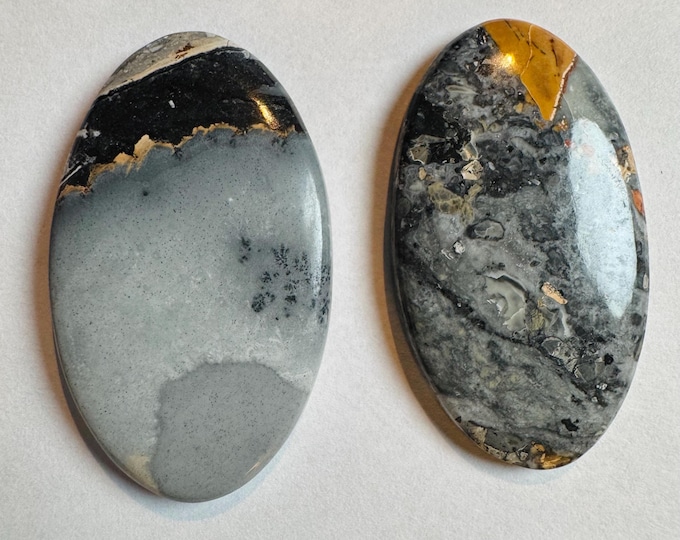 2 Piece: Malingo Jasper Gemstone Cabochons. Grey and White. Loose Gemstones for Making Jewellery. Oval Cabochon.