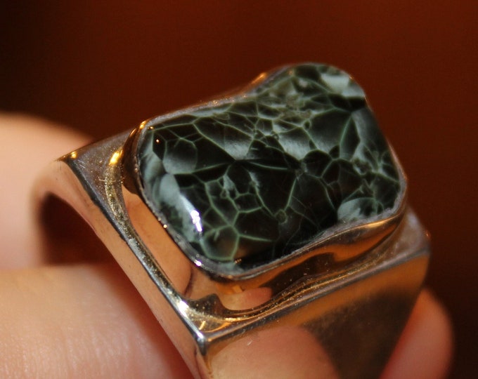 Chlorastrolite (Greenstone) Ring .935 Sterling bezeled in 14K Gold: SB GOLD-9 Size 10.75