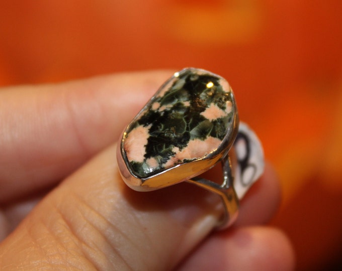 Chlorastrolite (Greenstone) with Prenite Ring: GR-209 Size 8.75