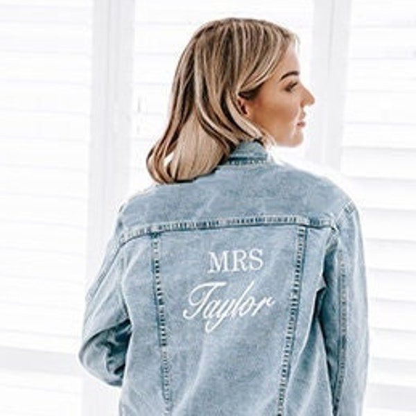 Embroidered denim jacket. Wedding Jacket. Mrs Denim Jacket. Personalised Denim Jacket.