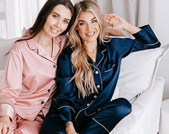 EMBROIDERED Pyjamas / Bridesmaid personalised Long Wedding Pjs / Bridesmaid Gift / Satin pyjamas / Pajamas / Bridesmaid Pyjamas Australia