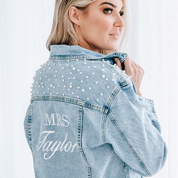 Embroidered denim jacket. Pearl Wedding Jacket. Mrs Denim Jacket. Personalised Denim Jacket.