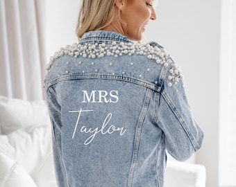Embroidered denim jacket. Pearl Wedding Jacket. Mrs Denim Jacket. Personalised Denim Jacket.