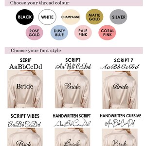 May include: A guide to embroidery options for robes, showing different thread colors and font styles. The text includes "Serif", "Script", "Script 7", "Script Vibes", "Handwritten Script", and "Handwritten Cursive".