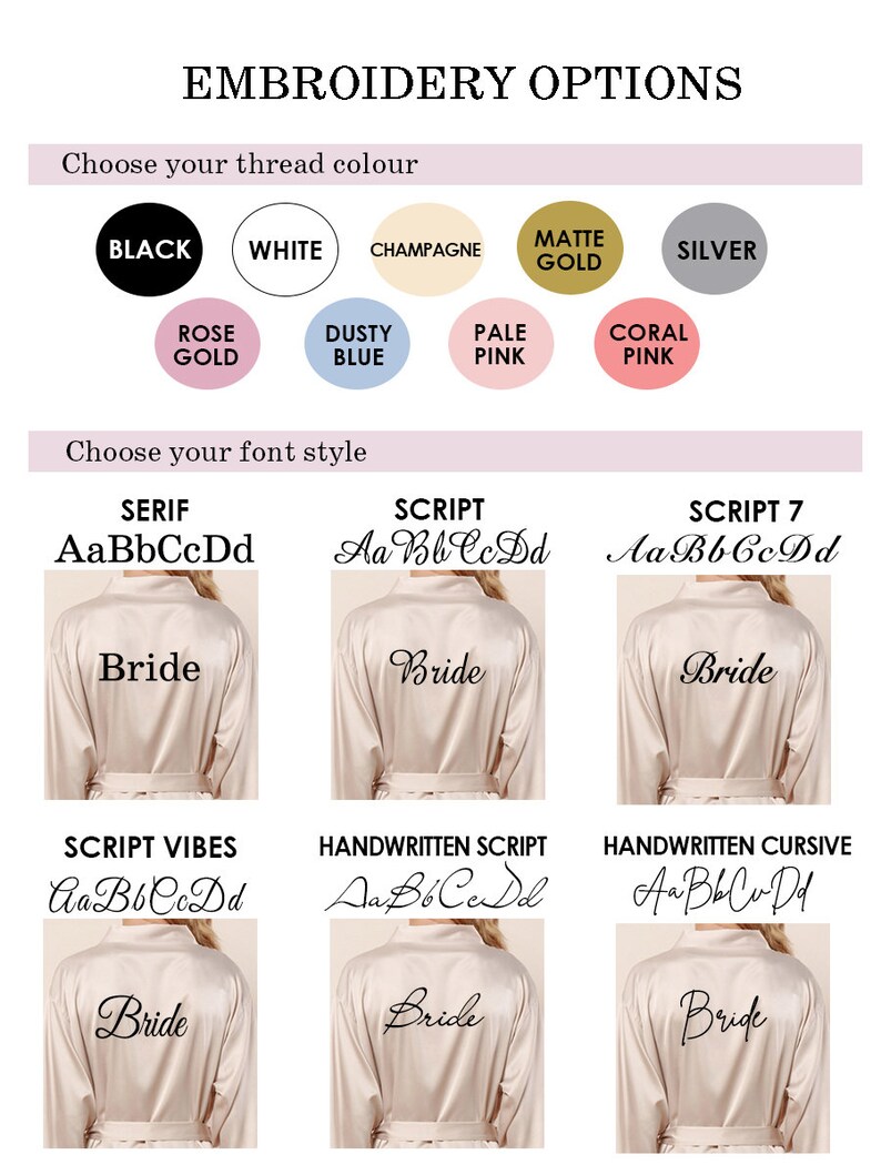 May include: A guide to embroidery options for robes, showing different thread colors and font styles. The text includes "Serif", "Script", "Script 7", "Script Vibes", "Handwritten Script", and "Handwritten Cursive".