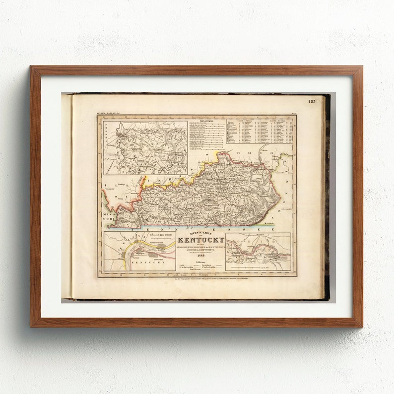 1845 Wall Art || Vintage Map Reprint Printed or Printable Decor Kentucky State