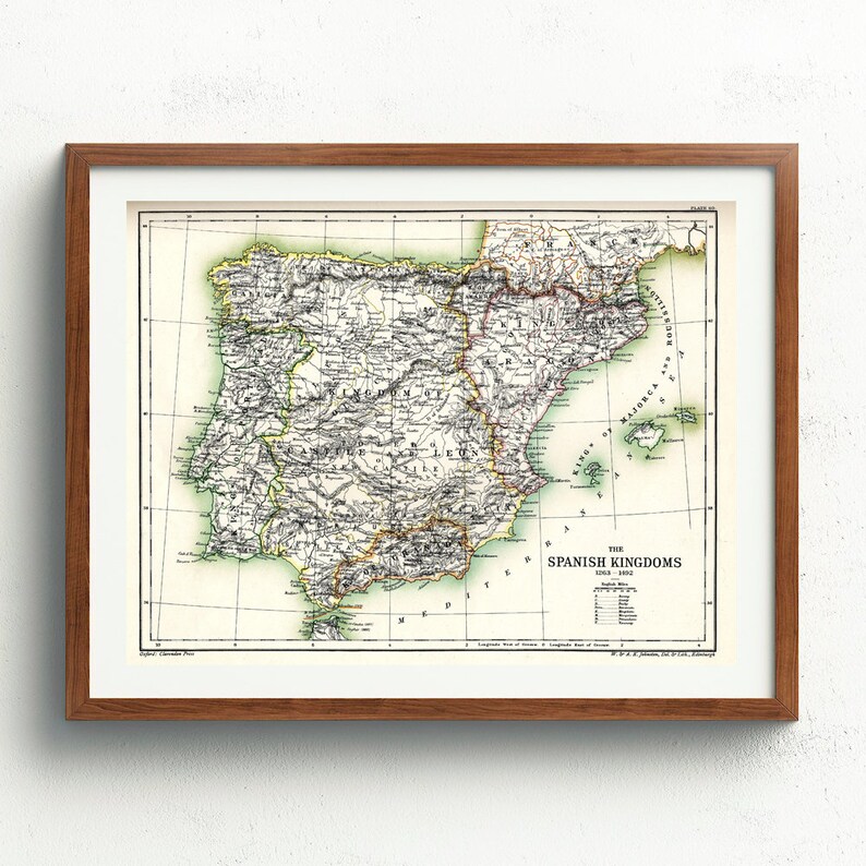 1263-1492 Decor Printed or Printable Spain Spanish Kingdoms - Published 1902 || Vintage Color Map Reprint Wall Art