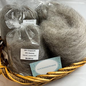 May include: Three clear plastic bags containing grey, natural carded wool batt, labeled 50% Coopworth and 50% Romney, resting in a woven wicker basket alongside a small rectangular card with the text GOODSHEPFARM printed in blue.